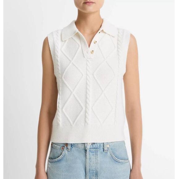 Vince Sweaters - Vince Cable-Knit Wool Cotton Blend Collared Sweater Vest Off White S NWT Classic